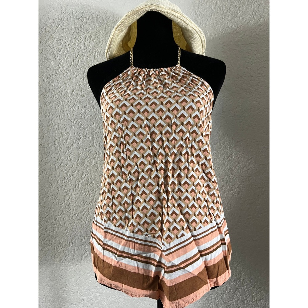 Geometric Cubist Tile Print Gold Chain Halter Top Brown Peach Scarf Hem Blouse